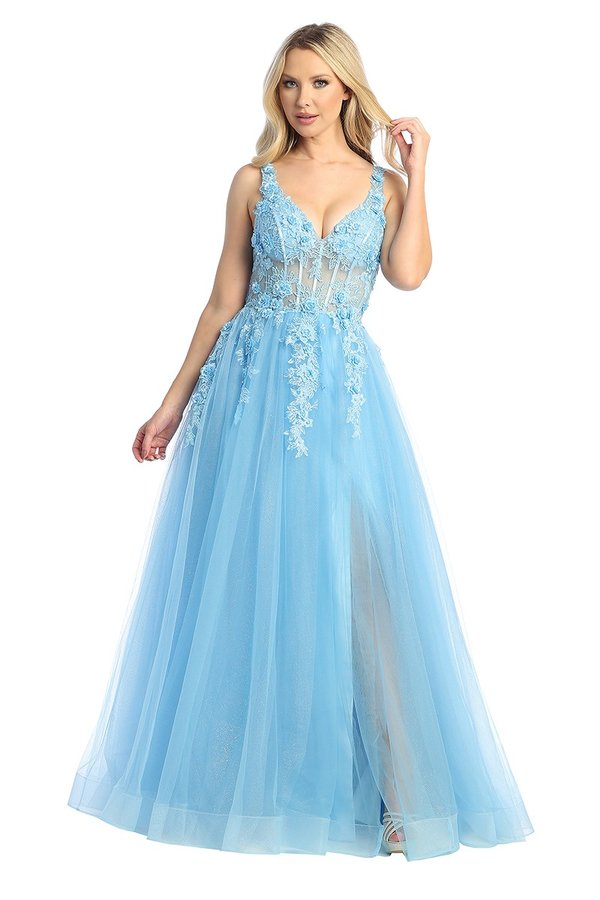 LF 7728 - Layered Tulle A-Line Prom Gown with 3D floral Embellished Sheer  Boned Bodice & Leg Slit