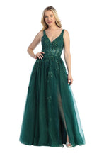 LF 7730 - Shimmer Tulle A-Line Prom Gown with 3D Floral Applique Sheer Boned Bodice & Leg Slit PROM GOWN Let's Fashion XS EMERALD 
