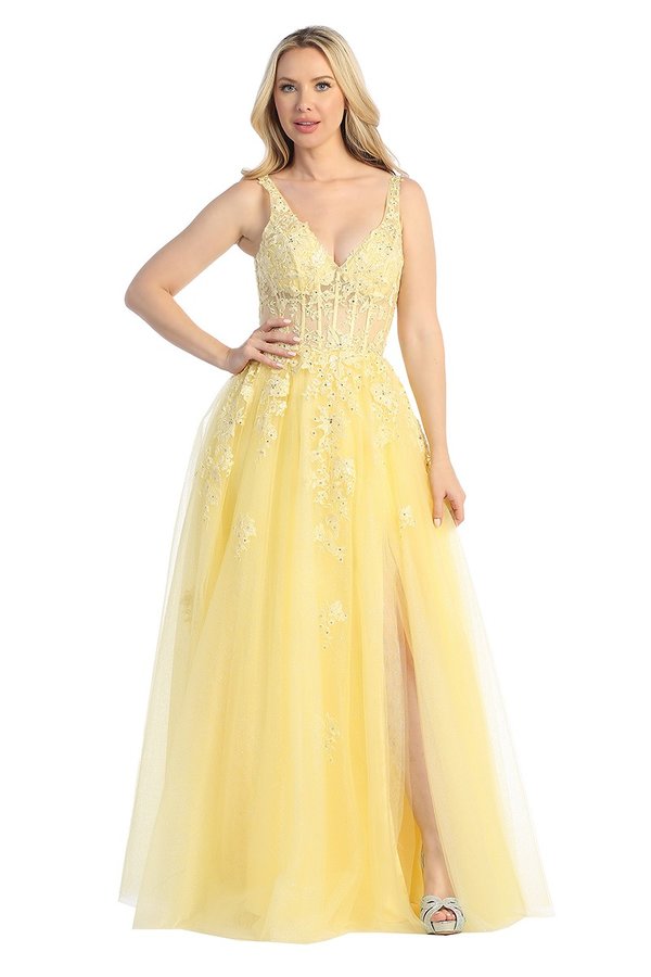 LF 7730 - Shimmer Tulle A-Line Prom Gown with 3D Floral Applique Sheer Boned Bodice & Leg Slit PROM GOWN Let's Fashion XS YELLOW 