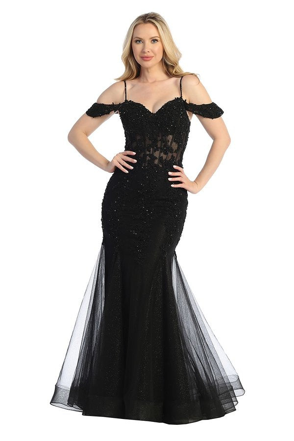 LF 7733 - Beaded Lace Embellished Fit & Flare Prom Gown with Sheer Cor Diggz Formals LF 7733 - Beaded Lace Embellished Fit & Flare Prom Gown with Sheer Cor Diggz Formals