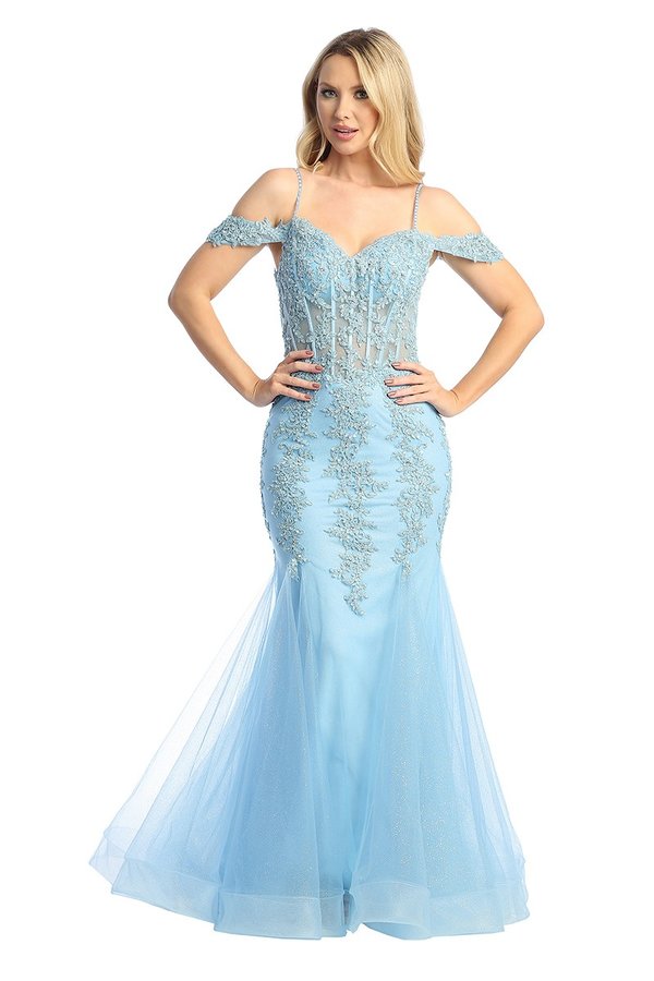 LF 7733 - Beaded Lace Embellished Fit & Flare Prom Gown with Sheer Cor ...