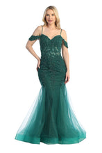 LF 7733 - Beaded Lace Embellished Fit & Flare Prom Gown with Sheer Corset Bodice & Tulle Skirt PROM GOWN Let's Fashion XS EMERALD 