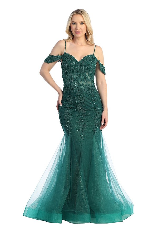 LF 7733 - Beaded Lace Embellished Fit & Flare Prom Gown with Sheer