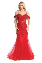 LF 7733 - Beaded Lace Embellished Fit & Flare Prom Gown with Sheer Corset Bodice & Tulle Skirt PROM GOWN Let's Fashion XS RED 