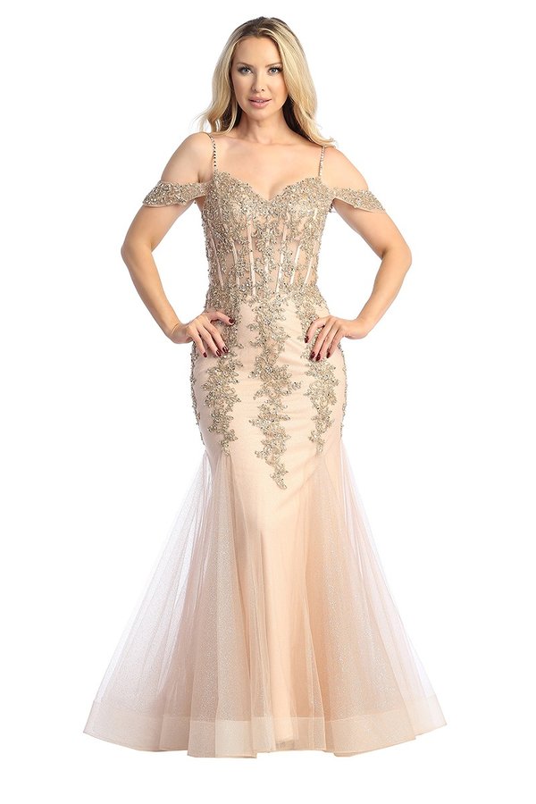 LF 7733 - Beaded Lace Embellished Fit & Flare Prom Gown with Sheer Cor ...