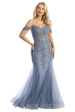 LF 7733 - Beaded Lace Embellished Fit & Flare Prom Gown with Sheer Corset Bodice & Tulle Skirt PROM GOWN Let's Fashion S SLATE BLUE 