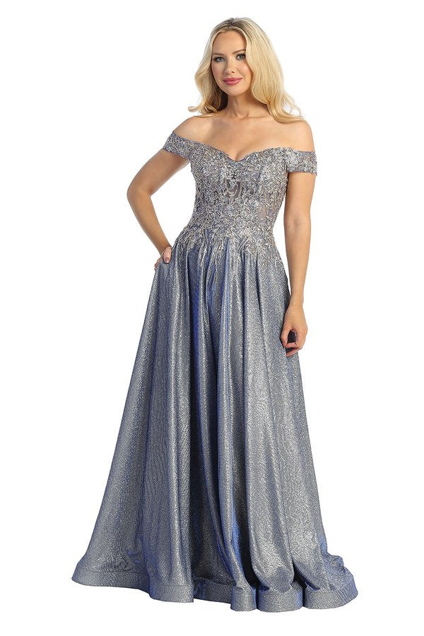 silver off the shoulder prom dress LF 7735
