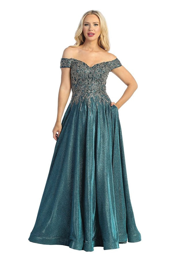 LF 7735 - Off The Shoulder Metallic A-Line Prom Gown with Sheer Embellished Boned Bodice & Pockets PROM GOWN Let's Fashion XS TEAL 