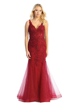 LF 7738 - Shimmer Tulle Fit & Flare Prom Gown with Sheer Beaded Lace Embellished Boned V-Neck Bodice PROM GOWN Let's Fashion XS BURGUNDY 