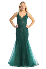LF 7738 - Shimmer Tulle Fit & Flare Prom Gown with Sheer Beaded Lace Embellished Boned V-Neck Bodice PROM GOWN Let's Fashion XS EMERALD 