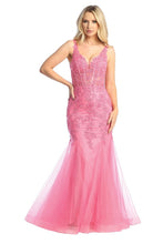 LF 7738 - Shimmer Tulle Fit & Flare Prom Gown with Sheer Beaded Lace Embellished Boned V-Neck Bodice PROM GOWN Let's Fashion M HOT PINK 