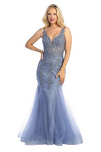 LF 7738 - Shimmer Tulle Fit & Flare Prom Gown with Sheer Beaded Lace Embellished Boned V-Neck Bodice PROM GOWN Let's Fashion XS SLATE BLUE 
