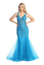LF 7738 - Shimmer Tulle Fit & Flare Prom Gown with Sheer Beaded Lace Embellished Boned V-Neck Bodice PROM GOWN Let's Fashion XS TEAL 