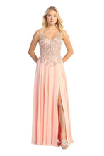LF 7740 - Flowy Chiffon A-Line Prom Gown with Sheer Beaded Lace Embellished Boned Bodice & Leg Slit PROM GOWN Let's Fashion XS BLUSH 