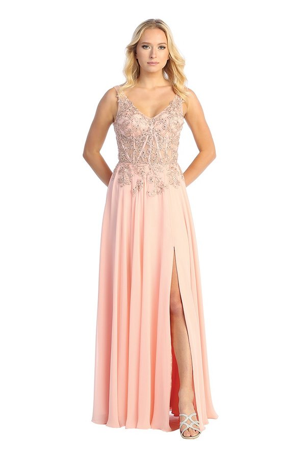 LF 7740 - Flowy Chiffon A-Line Prom Gown with Sheer Beaded Lace Embell Diggz Formals LF 7740 - Flowy Chiffon A-Line Prom Gown with Sheer Beaded Lace Embell Diggz Formals