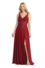 LF 7740 - Flowy Chiffon A-Line Prom Gown with Sheer Beaded Lace Embellished Boned Bodice & Leg Slit PROM GOWN Let's Fashion XS BURGUNDY 