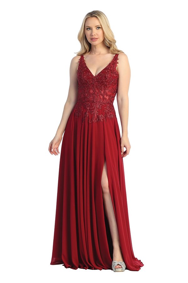 LF 7740 - Flowy Chiffon A-Line Prom Gown with Sheer Beaded Lace Embellished Boned Bodice & Leg Slit M / Slate Blue LF 7740 - Flowy Chiffon A-Line Prom Gown with Sheer Beaded Lace Embellished Boned Bodice & Leg Slit M / Slate Blue