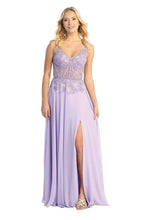 LF 7740 - Flowy Chiffon A-Line Prom Gown with Sheer Beaded Lace Embellished Boned Bodice & Leg Slit PROM GOWN Let's Fashion XS LAVENDER 