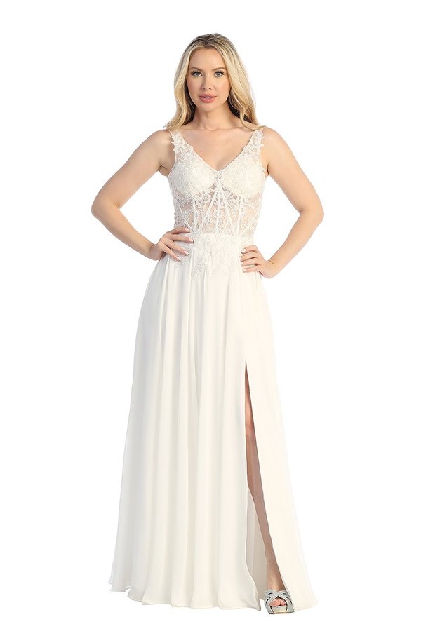 LF 7740 - Flowy Chiffon A-Line Prom Gown with Sheer Beaded Lace Embell Diggz Formals LF 7740 - Flowy Chiffon A-Line Prom Gown with Sheer Beaded Lace Embell Diggz Formals