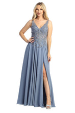 LF 7740 - Flowy Chiffon A-Line Prom Gown with Sheer Beaded Lace Embellished Boned Bodice & Leg Slit PROM GOWN Let's Fashion XS SLATE BLUE 