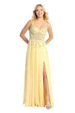 LF 7740 - Flowy Chiffon A-Line Prom Gown with Sheer Beaded Lace Embellished Boned Bodice & Leg Slit PROM GOWN Let's Fashion S YELLOW 