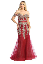 LF 7745 - Beaded Lace Embellished Fit & Flare Prom Gown with Sheer Corset Bodice & Tulle Skirt PROM GOWN Let's Fashion XS BURGUNDY 
