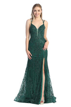 LF 7747 - Glitter Print Fit & Flare Prom Gown with Boned Sheer Bodice & Leg Slit PROM GOWN Let's Fashion XS EMERALD 