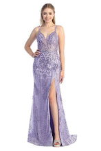 LF 7747 - Glitter Print Fit & Flare Prom Gown with Boned Sheer Bodice & Leg Slit PROM GOWN Let's Fashion XS LAVENDER 