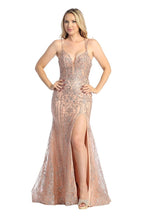 LF 7747 - Glitter Print Fit & Flare Prom Gown with Boned Sheer Bodice & Leg Slit PROM GOWN Let's Fashion XS ROSE GOLD 