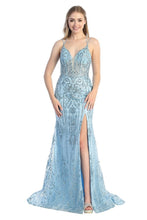LF 7747 - Glitter Print Fit & Flare Prom Gown with Boned Sheer Bodice & Leg Slit PROM GOWN Let's Fashion XS SLATE BLUE 