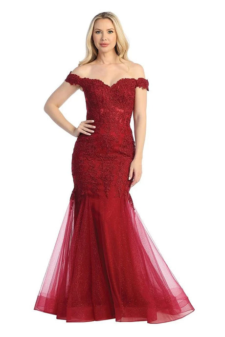 LF 7725 - Off The Shoulder Fit & Flare Prom Gown with Sheer Boned Lace Applique Bodice & Shimmer Tulle Skirt PROM GOWN Let's Fashion   