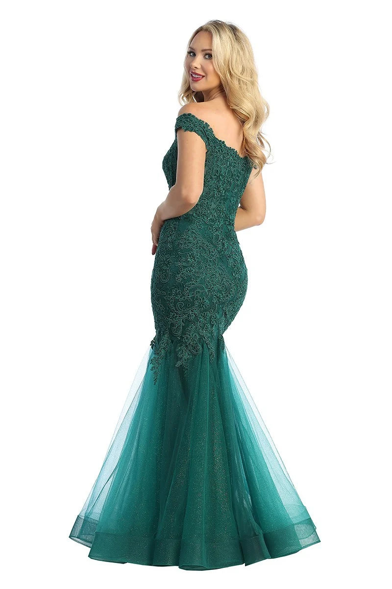 LF 7758 - Off The Shoulder Fit & Flare Prom Gown with Sheer Beaded Lace Embellished Corset Bodice Dresses Let's Fashion XS EMERALD 