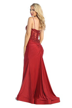 LF 7761 - Stretch Satin Fit & Flare Prom Gown with Sheer Bead & Lace Embellished Bodice & Leg Slit PROM GOWN Let's Fashion S BURGUNDY 