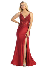 LF 7761 - Stretch Satin Fit & Flare Prom Gown with Sheer Bead & Lace Embellished Bodice & Leg Slit Prom Dress Let's Fashion   