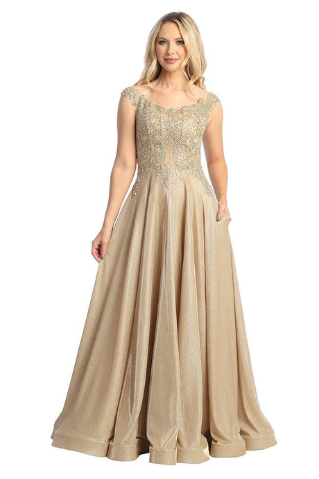 LF 7767 - Off the Shoulder A-Line Prom Gown with Embroidered Bodice Prom Dress Let's Fashion XS CHAMPAGNE 
