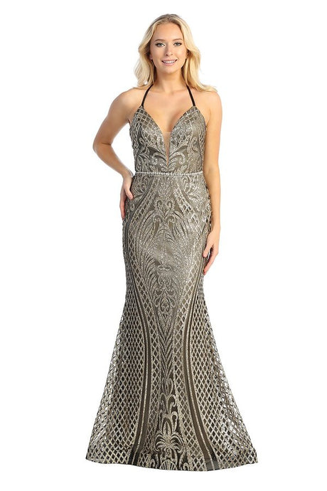 LF 7785 - Art Deco Glitter Print Fit & Flare Prom Gown with V-Neck & Lace Up Corset Back PROM GOWN Let's Fashion   