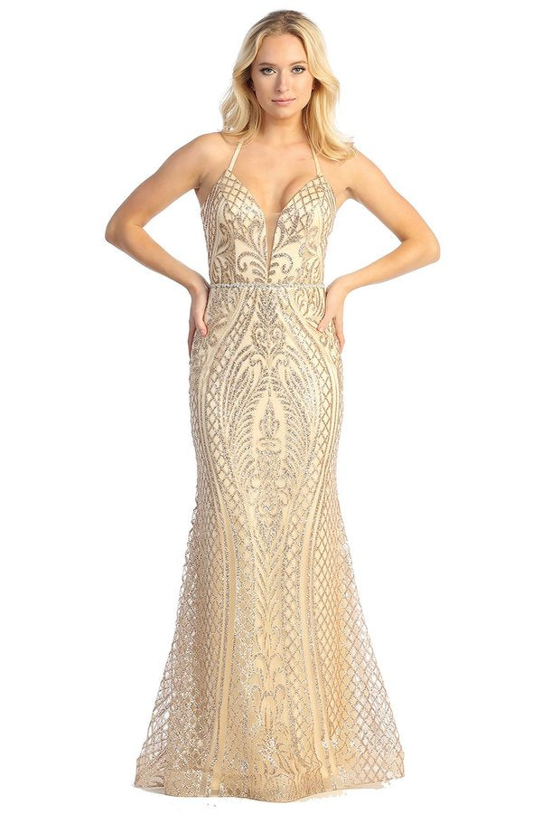 LF 7785 - Art Deco Glitter Print Fit & Flare Prom Gown with V-Neck & Lace Up Corset Back XL / CHAMPAGNE LF 7785 - Art Deco Glitter Print Fit & Flare Prom Gown with V-Neck & Lace Up Corset Back XL / CHAMPAGNE