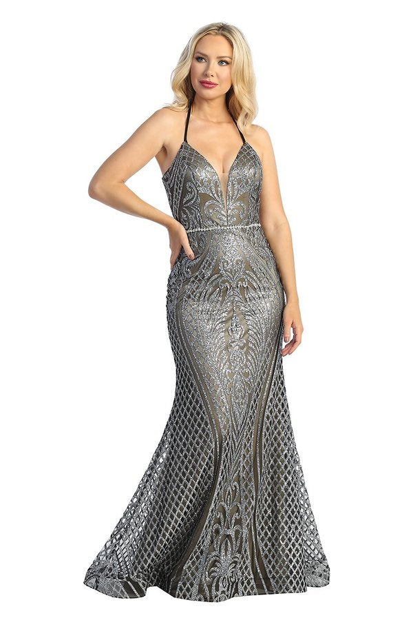 LF 7785 - Art Deco Glitter Print Fit & Flare Prom Gown with V-Neck & Lace Up Corset Back PROM GOWN Let's Fashion XS PLATINUM/GOLD 