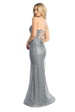 LF 7785 - Art Deco Glitter Print Fit & Flare Prom Gown with V-Neck & Lace Up Corset Back PROM GOWN Let's Fashion   