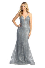 LF 7785 - Art Deco Glitter Print Fit & Flare Prom Gown with V-Neck & Lace Up Corset Back PROM GOWN Let's Fashion XS SMOKY BLUE 