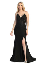 LF 7790 - Stretch Satin Fit & Flare Prom Gown with Sheer Bead & Lace Embellished Bodice Prom Dress Let's Fashion XS BLACK 