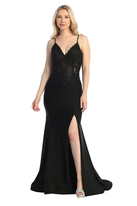 LF 7790 - Stretch Satin Fit & Flare Prom Gown with Sheer Bead & Lace Embellished Bodice PROM GOWN Let's Fashion XS BLACK 