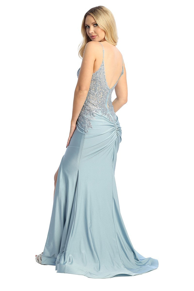 LF 7790 - Stretch Satin Fit & Flare Prom Gown with Sheer Bead & Lace Embellished Bodice Prom Dress Let's Fashion XS DUSTY BLUE 