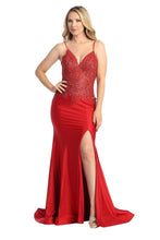 LF 7790 - Stretch Satin Fit & Flare Prom Gown with Sheer Bead & Lace Embellished Bodice PROM GOWN Let's Fashion XS RED 