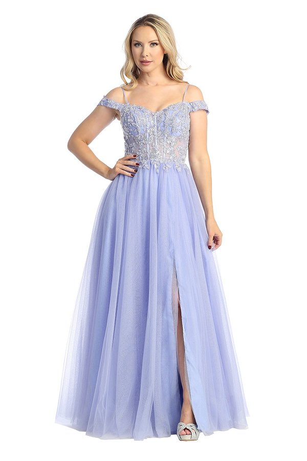 LF 7792 - Shimmer Tulle A-Line Prom Gown with Beaded Lace Sheer Boned –  Diggz Formals
