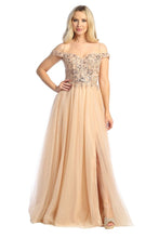 LF 7792 - Shimmer Tulle A-Line Prom Gown with Beaded Lace Sheer Boned Off the Shoulder Bodice & Leg Slit PROM GOWN Let's Fashion XS ROSE GOLD 