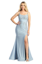 LF 7799 - Stretch Jersey Fit & Flare Prom Gown with Embroidered Bodice Leg Slit & Lace Up Corset Back Prom Dress Let's Fashion S DUSTY BLUE 