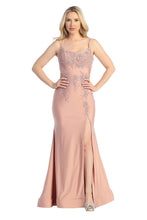 LF 7799 - Stretch Jersey Fit & Flare Prom Gown with Embroidered Bodice Leg Slit & Lace Up Corset Back Prom Dress Let's Fashion S DUSTY ROSE 