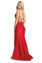 LF 7799 - Stretch Jersey Fit & Flare Prom Gown with Embroidered Bodice Leg Slit & Lace Up Corset Back Prom Dress Let's Fashion S RED 