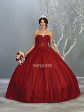 MQ LK141  - Strapless A-Line Quinceanera Ball Gown with Sheer Lace Appliqué Boned Corset Bodice & Layered Shimmer Tulle Skirt Quinceanera Gowns Mayqueen 8 BURGUNDY 